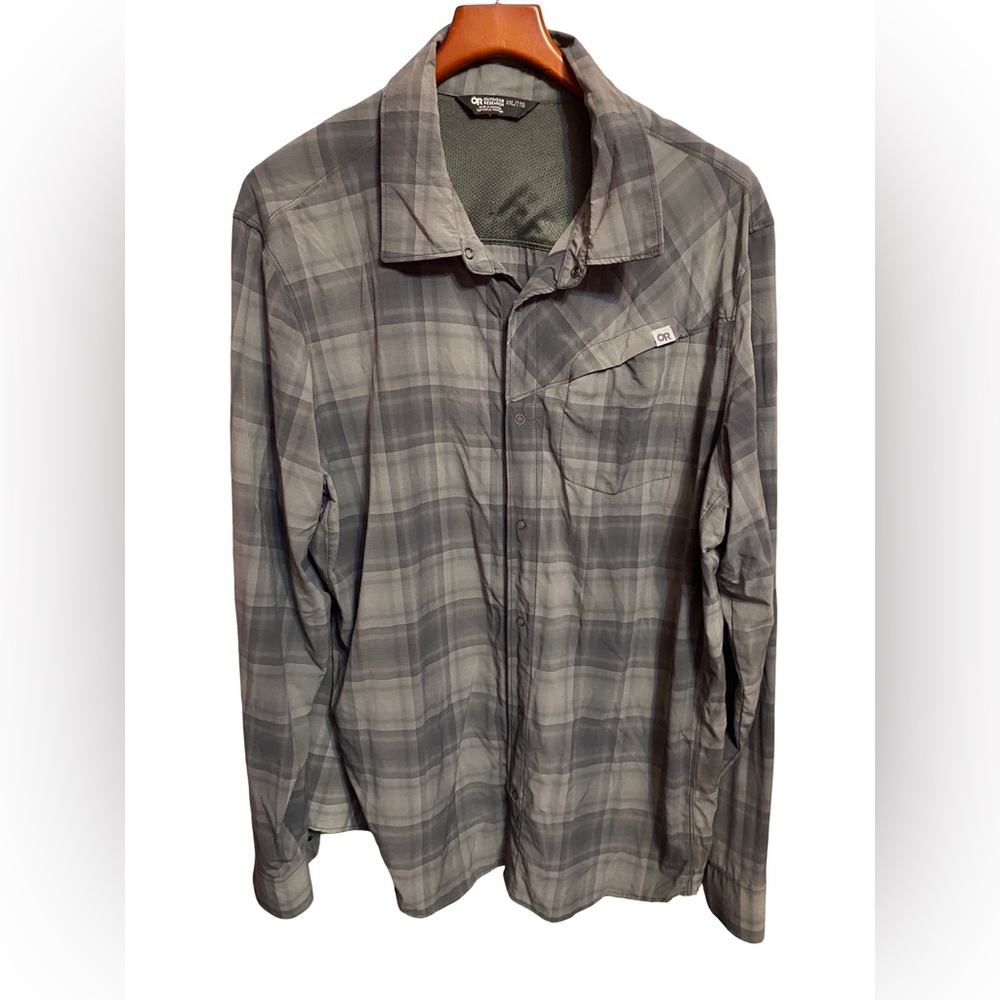 Outdoor Research Astroman Sun Shirt Mens 2XL Gray Plaid Long‎ Sleeve Hiking UPF